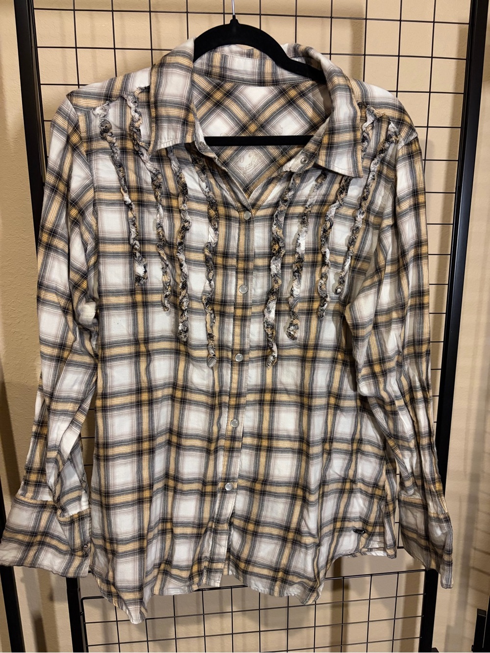 Seven 7 Distressed Western Plaid Button-Up Shirt in White and Mustard
